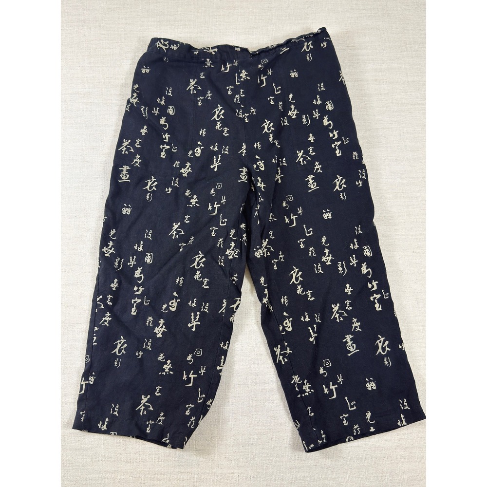 Chicos Design Linen Pants Womens 1 Navy Blue Chinese Calligraphy Script Cropped